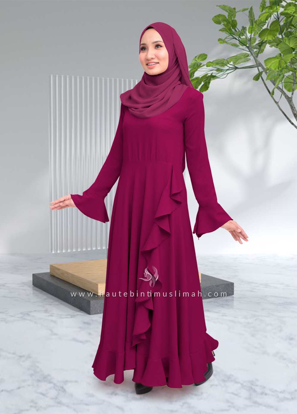 Gorgeous Front Ruffled Long Jubah Dress Maroon